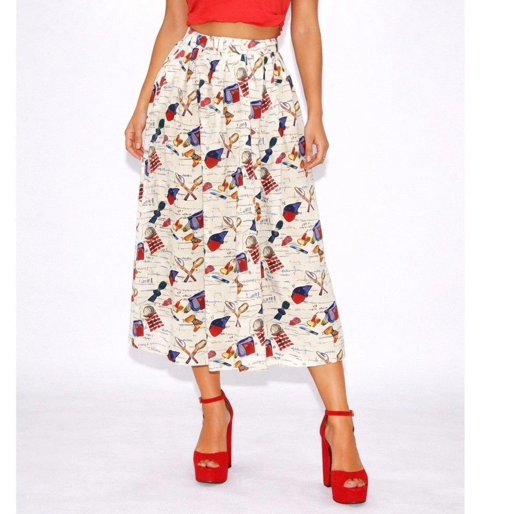 Vintage St Johns Novelty Beach Print Midi Skirt Womens 8 Rayon Button Front